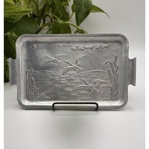 Vintage Aluminum Duck Marsh Scene Tray 7” Wildlife Mid Century Bar Tray Trinkets